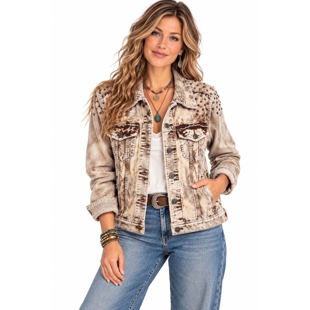 POL Womens Corduroy Studded Trucker Jacket Brown Cream S Western Cowgirl Rocker